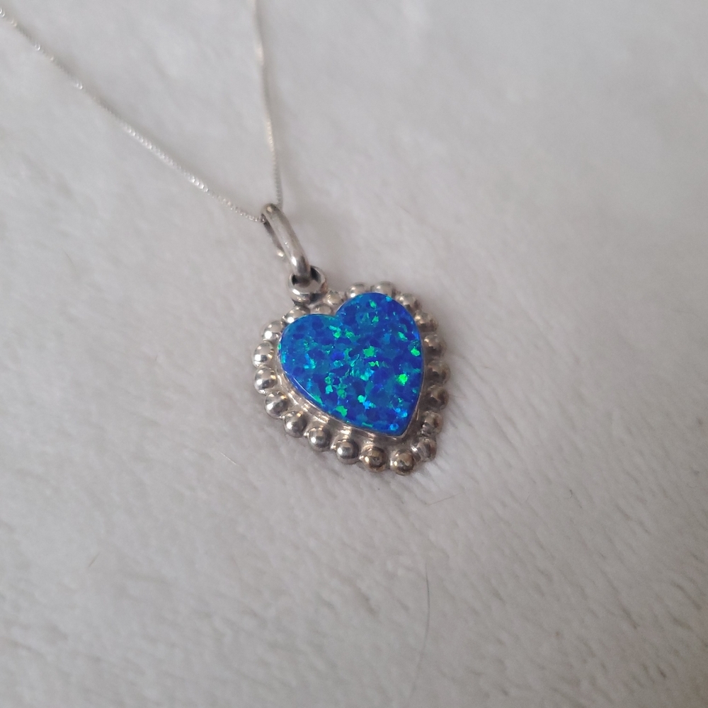 Native American Zuni Blue Opal Sterling Silver Heart Necklace